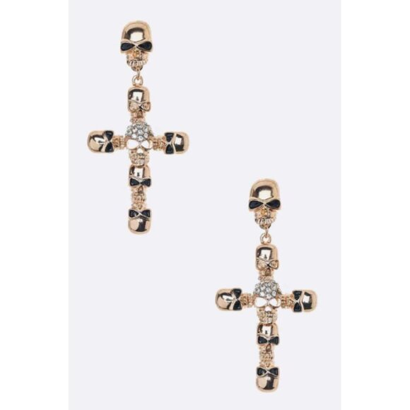 Crystal Skull Cross Drop Earrings - Gold Clear - Picture 1 of 2